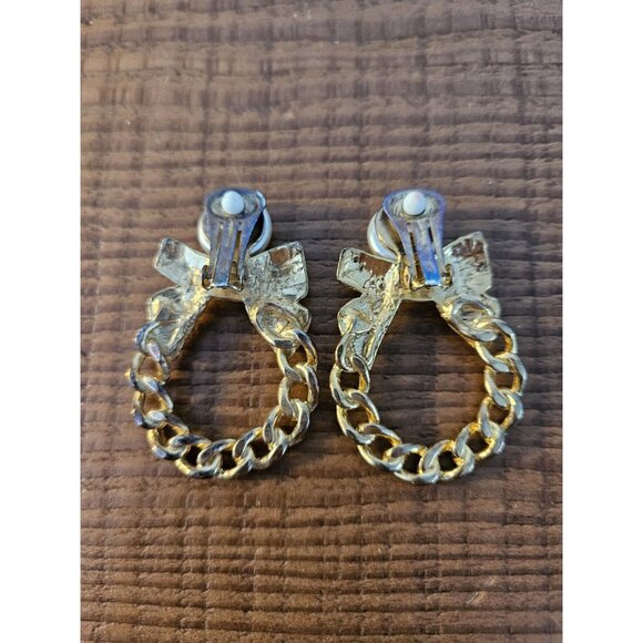Vintage Large Gold Tone Bow Clip On Earrings With Enamel Centre - Picture 3 of 4